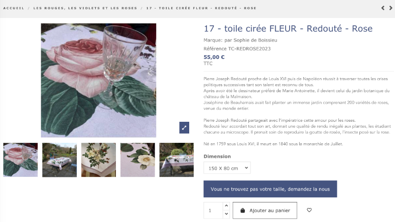 capture d'écran d'une fiche produit Toiles Cirées pour montrer le bouton de commande de toile cirée sur-mesure